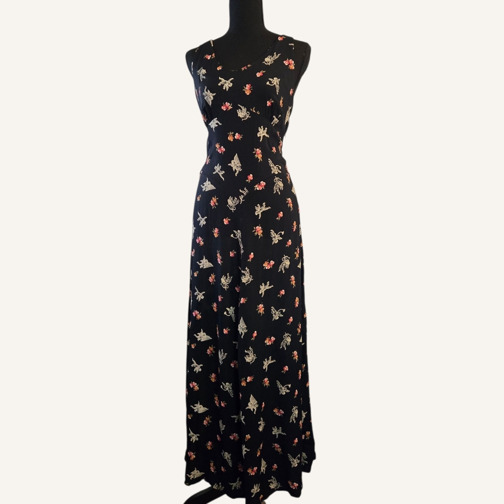 Vintage 90s Black Cupid Floral Maxi Dress goth dark romantic whimsical valentine